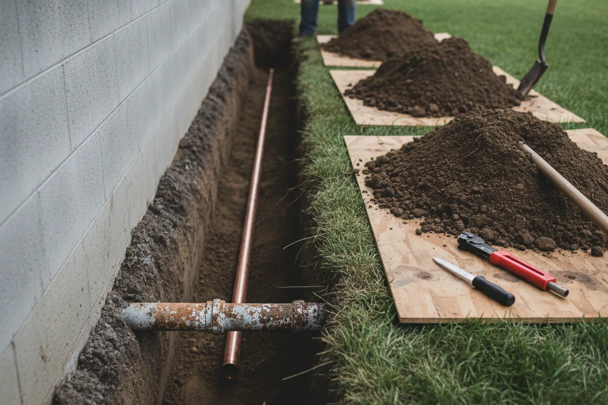 Excavated water line trench during Water Heater Repair in Coopersburg